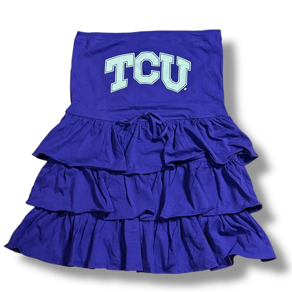 TCU Y2K Mini Strapless Dress Womens Ruffled Layered Purple White Logo Size L NOS